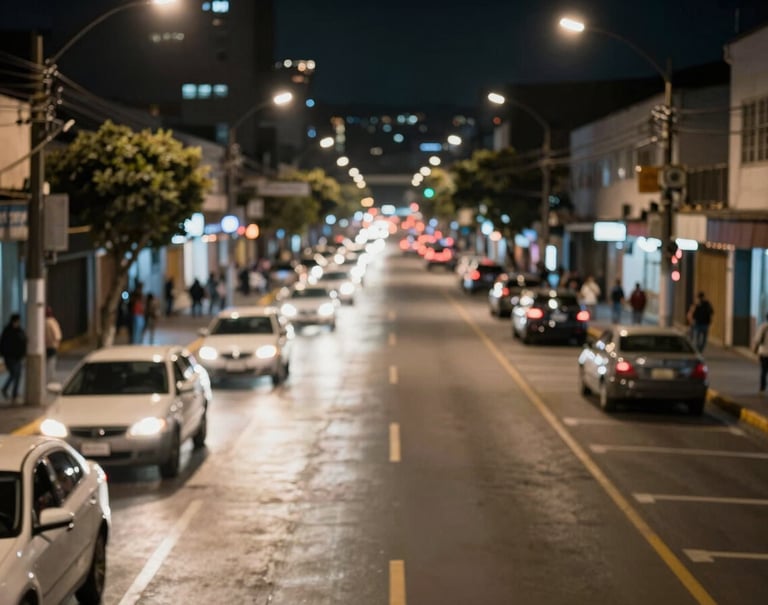 A blurred, cinematic night view of a busy South American / Colombian city street with car light trails in soft off-white and deep black shadows, reflecting an urban atmosphere.