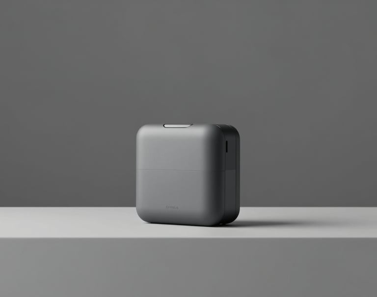 An aesthetic product photography shot. A high-tech gadget or fashion accessory positioned off-center on a light grey (#D8D8D8) plinth. Abundant negative space around the object. Muted color palette of #8E8E8E and #1A1A1A.