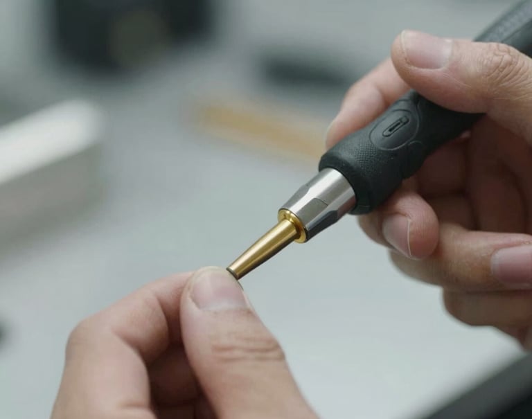 Detailed shot of a specialized gold-tipped PDR rod #E7C670 being used by a technician's hand. Focus is on the precision and the contact between tool and metal. Leading professional style.