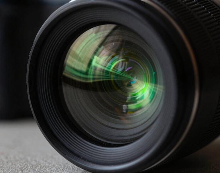 Abstract macro photography of a glass camera lens reflecting complex digital motion graphics. The palette is dominated by deep black and vibrant neon green. High-tech, minimalist aesthetic.