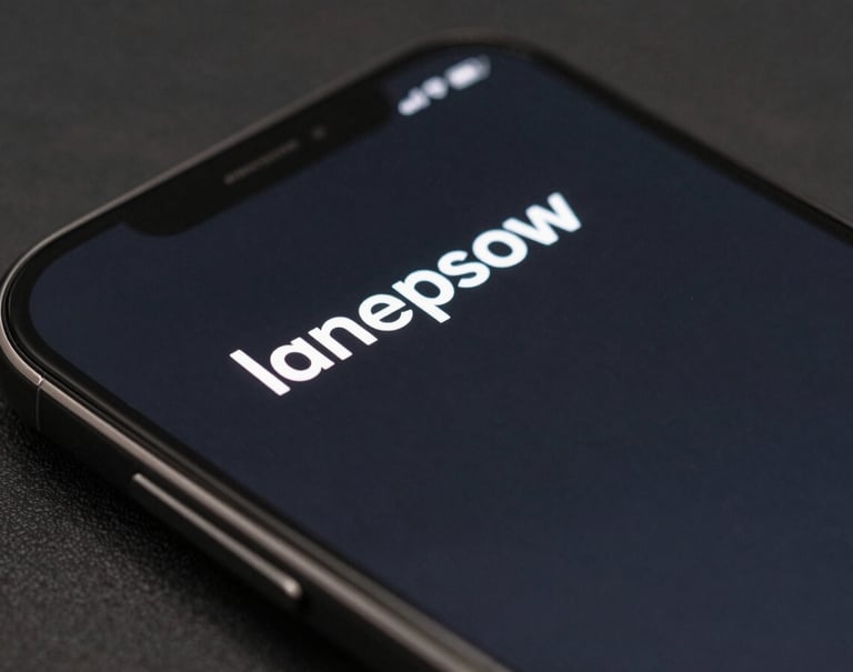 A macro photograph of a sleek smartphone screen displaying a minimal interface with white typography on a dark charcoal background. The lighting is soft, creating a premium technology feel.