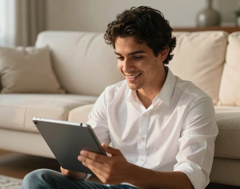 A candid lifestyle shot of a young South American / Brazilian man interacting with a digital tablet in a sophisticated off-white lounge. The lighting is warm and natural, highlighting a charismatic and professional persona.