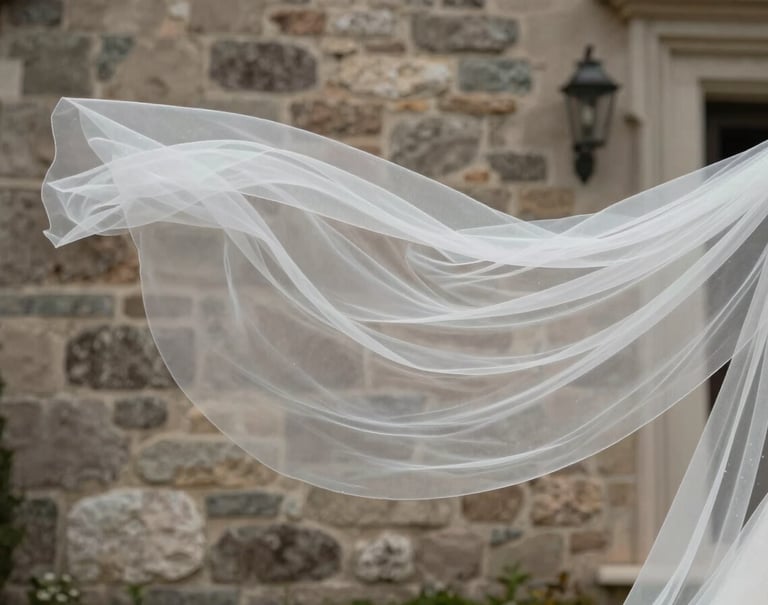 A close-up shot of a bride's sheer white veil floating in the breeze. In the background, a North American / European stone villa wall in muted taupe provides a textured, elegant backdrop.
