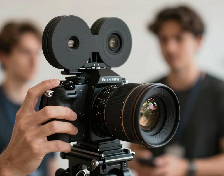 Close-up of a high-end film camera lens on a professional set, blurred talent in the background, warm human touch combined with technical precision, soft artistic lighting.