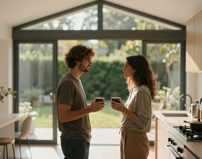 A candid shot of a couple standing in their new kitchen extension, sharing a quiet moment with coffee. The background shows the blurred garden through high-performance glass. Warm, sun-drenched lighting and cinematic depth of field.