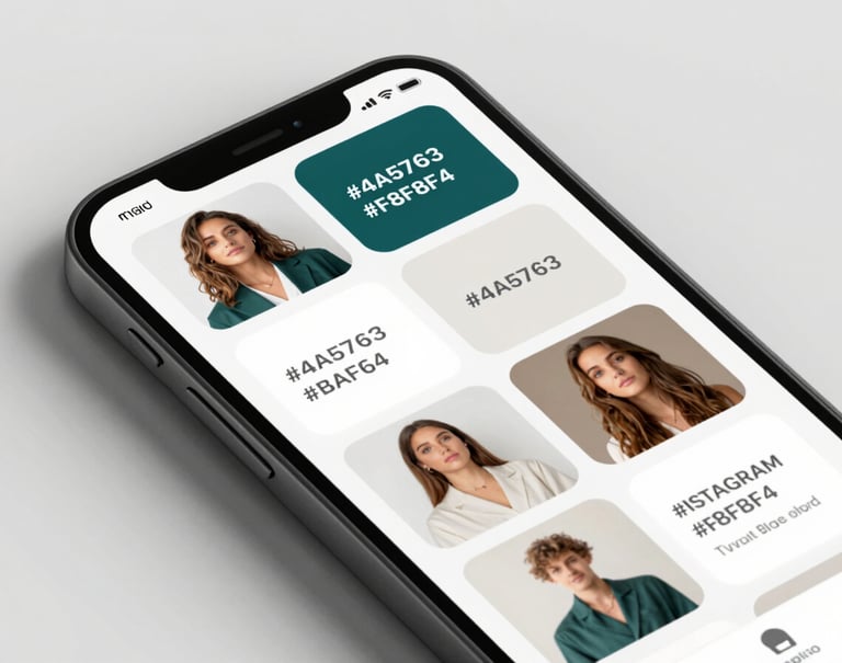 Close-up of a smartphone screen showing a curated Instagram grid with strategic visual identity posts using #4A5763 and #F8F8F4. Professional and cohesive layout.