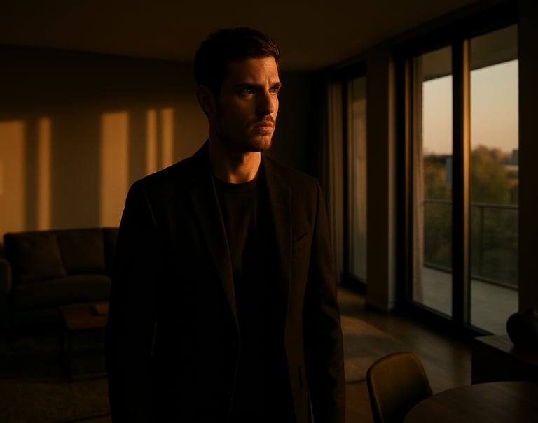 A cinematic medium shot of a character in a sleek, modern North American interior, dramatic evening light filtering through windows creating long shadows, professional color grading with gold accents.