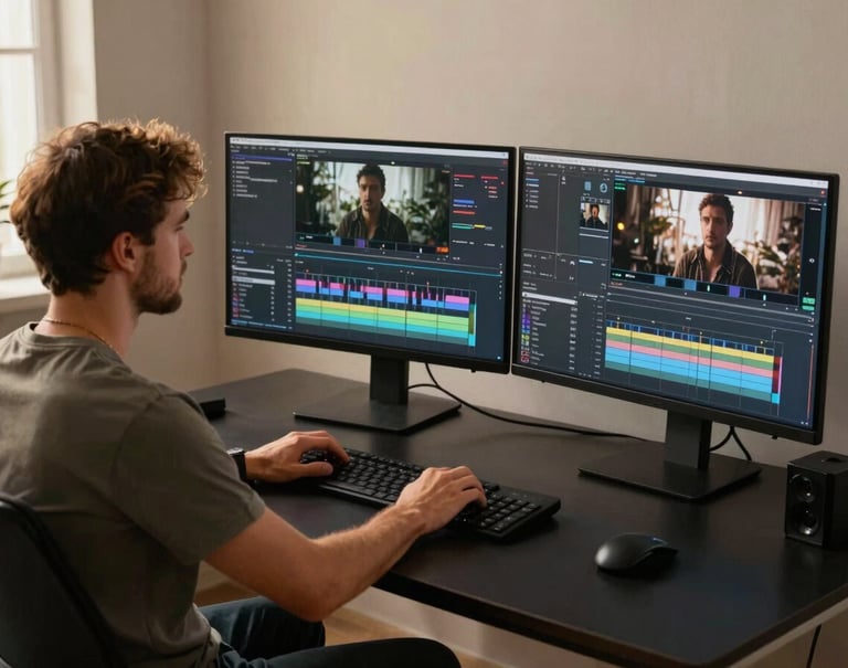 A professional video editor working at a sleek black desk with multiple monitors showing cinematic color grading in progress. Soft golden light illuminates the modern workplace. Global / Western.