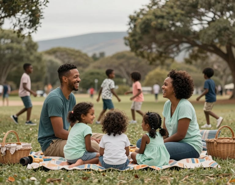 A candid shot of a family picnic in a South African park. The scene is filled with laughter and motion, with children playing in the background. The colors include muted teal and soft mint accents in the clothing and decor.