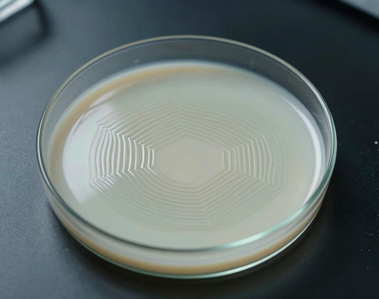 A high-angle shot of a milky glass Petri dish resting on a dark laboratory bench. Inside the dish, a viscous liquid forms geometric Chladni patterns. The lighting is scientific and cool, featuring muted sage and off-white tones.