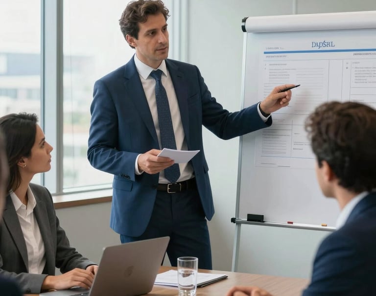 A professional business consultant in formal attire presenting a strategic plan to executives in a bright, modern conference room in Brazil. The atmosphere is confident and collaborative with natural lighting coming through large windows. The palette features slate blue and light grey tones in a South American / Brazilian corporate setting.