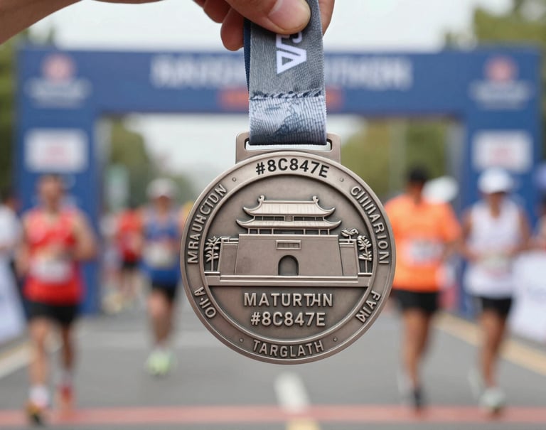 A detailed shot of a marathon medal being held by a hand. The texture of the ribbon matches #8C847E. The focus is sharp on the metal texture with a soft-focus background of the race finish area. Authentic and impactful.
