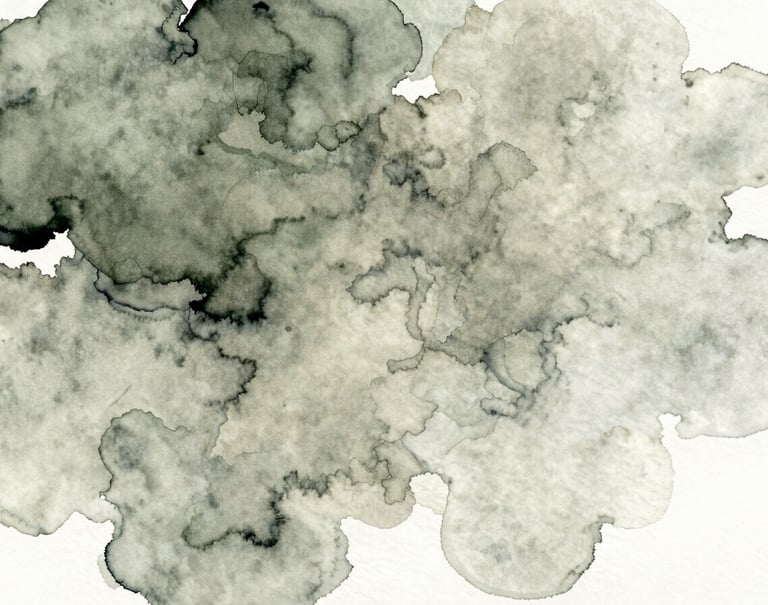 A sophisticated watercolor abstract piece showing pigments of #362C27 and #A89B90 bleeding into textured paper, creating a serene, organic pattern.