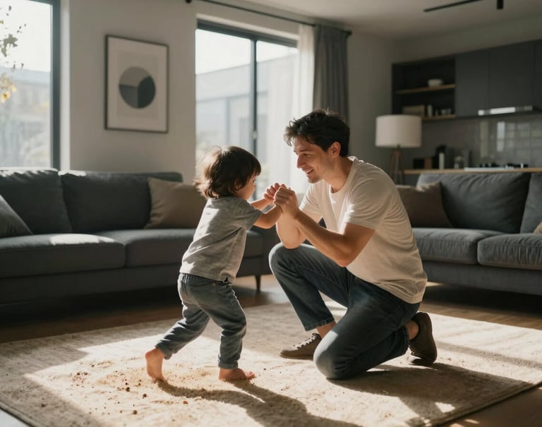 Candid medium shot of a father and child playing in a modern North American living room, sunbeams streaming through a window, cinematic composition with Soft Sand and Charcoal tones in the decor.