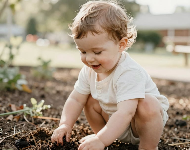 A candid, joyful shot of a toddler playing in a sunny garden in North American / US (West Michigan). The style is light and airy with warm brown and off-white tones, reflecting genuine emotion and natural beauty.