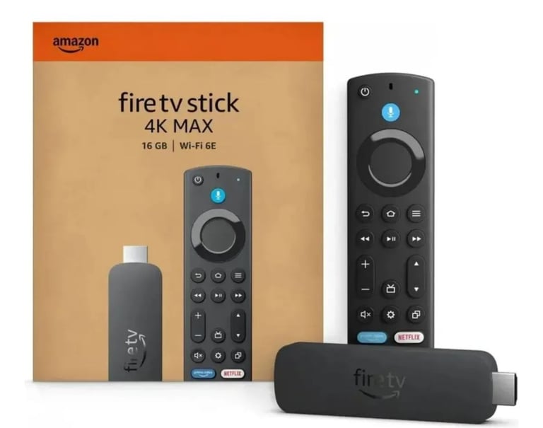 Amazon Fire TV Stick 4K Max with Alexa Voice Remote and original packaging box.