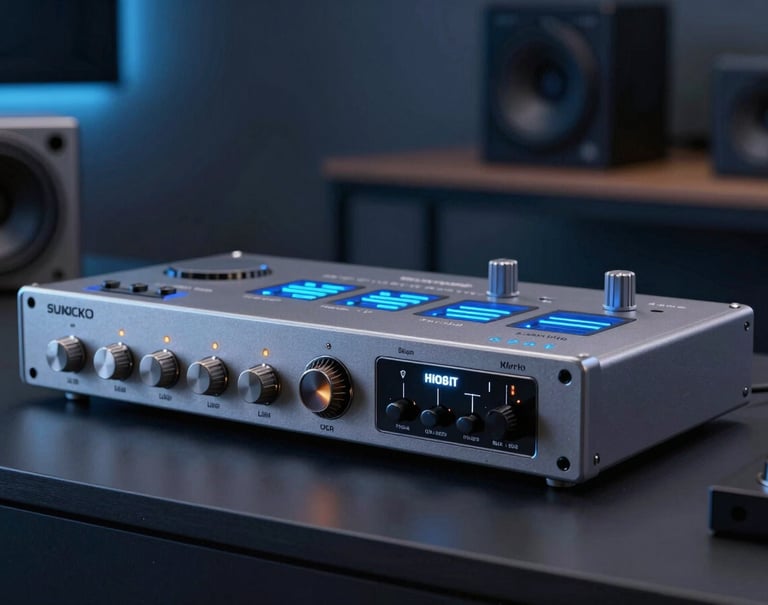 Photography of an audio interface and glowing analog gear in a sophisticated studio setup, Slate Blue lighting accents.