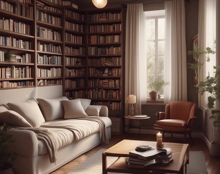 a living room with a couch and a table