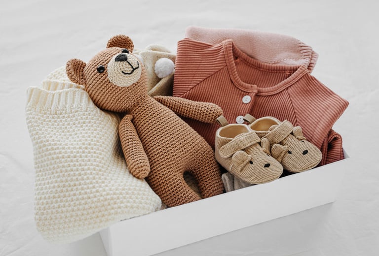 une boîte de vêtements rose pour bébé, chausson ourson et un ours en peluche