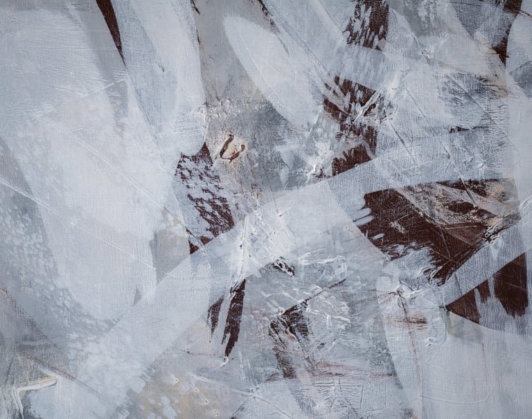 Abstract painting featuring expressive white and grey brushstrokes over a dark brown textured canvas background.