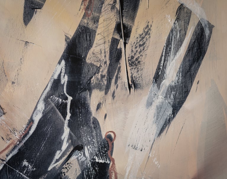 Abstract painting featuring bold black, white, and beige brushstrokes with expressive texture and neutral tones.