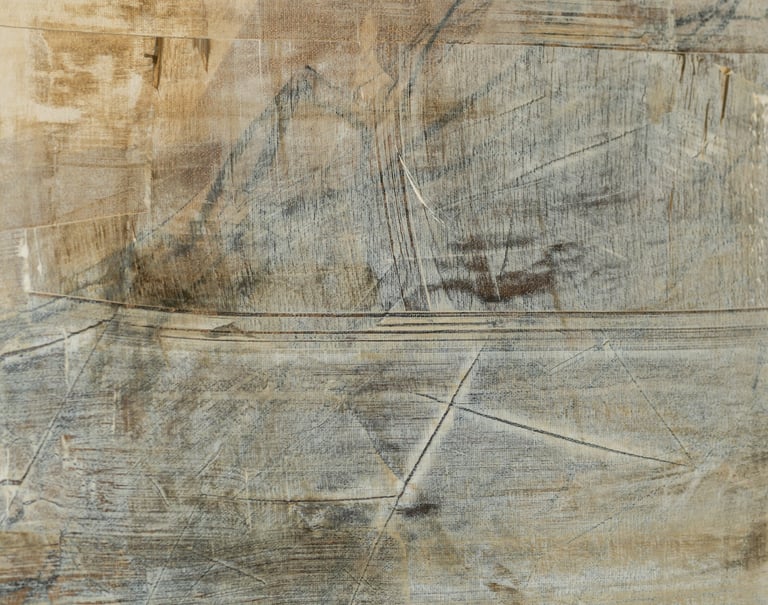 Abstract painting featuring weathered textures, grey and beige brushstrokes, and scratched canvas art details.