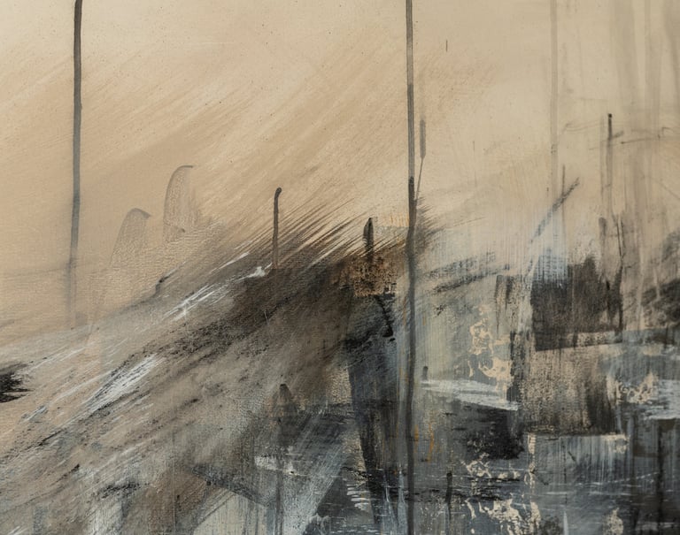 Abstract painting on canvas featuring expressive brushstrokes in beige, grey, and black tones.