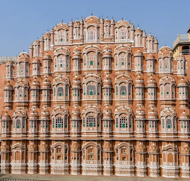 See the iconic Hawa Mahal facade in Jaipur, the famous Palace of Winds and a must-visit landmark in the Pink City