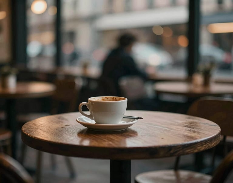 Blurry, artistic film shot of a small café table at dusk. A half-empty ceramic cup and a pen. Underexposed, moody, nostalgic palette of #8C735F and #3E352B, soft-focus aesthetic.