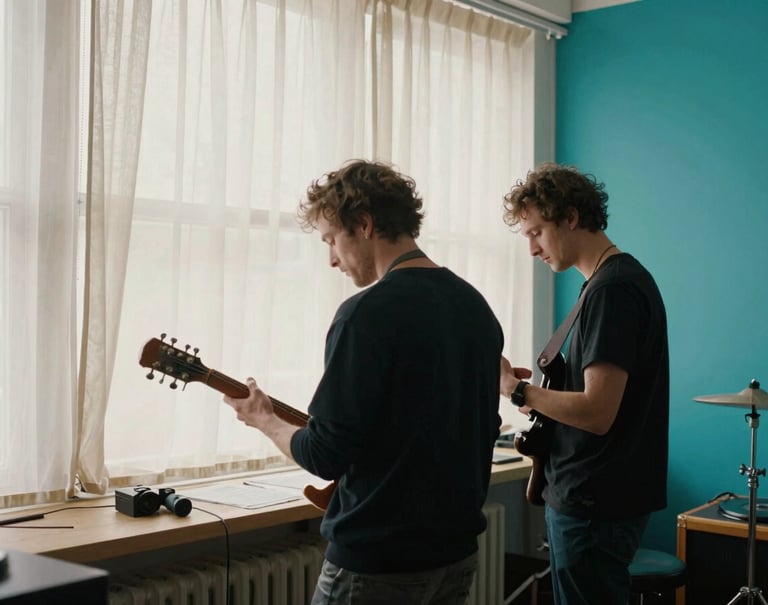 A collaboration session in a International / English-speaking creative loft. Two musicians are working together near a large window with soft off-white curtains. The atmosphere is energetic and professional, with a bright turquoise accent wall.
