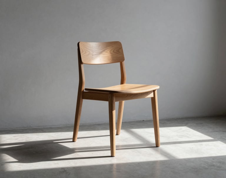 A medium shot of a minimalist wooden chair placed in the corner of a room with light gray walls. Shadows from a nearby window create sharp geometric patterns on the floor. Professional architectural photography with an emphasis on simplicity and form.