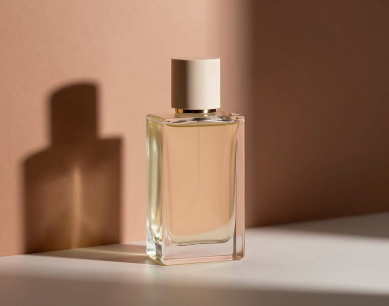 A modern commercial product—a perfume bottle—photographed with artistic hard light. The composition uses geometric shadows and reflections. Colors include #F8F4ED sand glass and terracotta #A3533F accents in the background. Sharp, professional, results-oriented aesthetic.