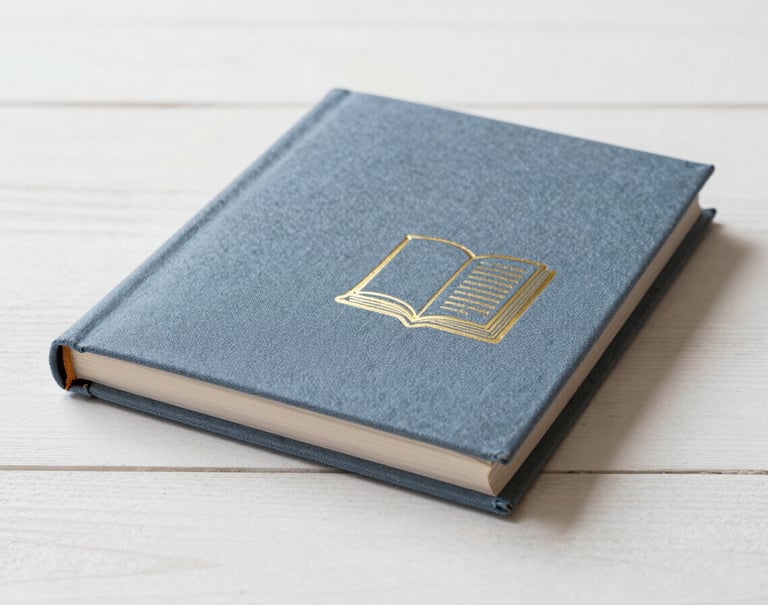 A close-up of a handmade creative portfolio binder. The cover is a textured fabric in #7A9E9F with a gold #D4B281 foil stamp of an open book. It sits on a clean, off-white wooden surface #F8F6F4.