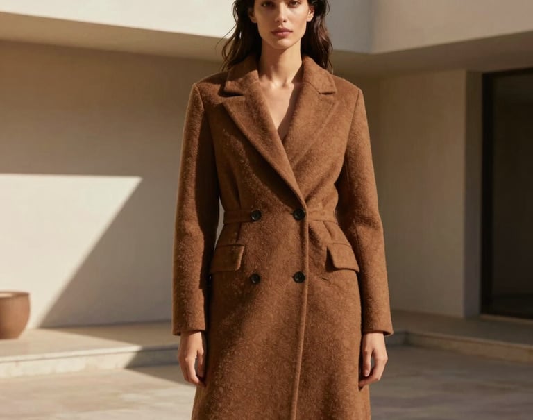 An archival fashion photograph of a model in a sophisticated, structured soft brown coat, posing gracefully in a sun-drenched minimalist courtyard in Brazil. Editorial styling, natural warm lighting, elegant shadows.