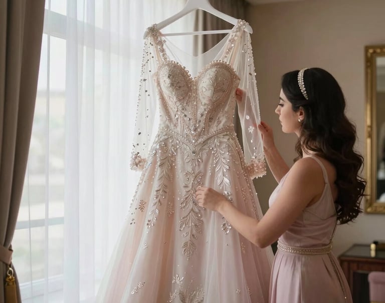 An elegant bridal preparation scene in a luxury Middle Eastern suite, highlighting a detailed wedding dress on a silk hanger, soft morning light, feminine atmosphere with light pinkish white and dusty rose accents.