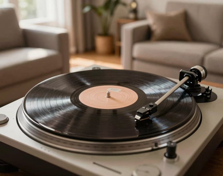 A vintage vinyl record spinning on a turntable in a sun-drenched North American / US living room. The record is Dark Charcoal Brown, and the surrounding furniture is Warm Taupe, creating an authentic and nostalgic feel.