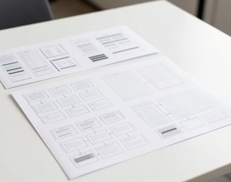 A refined, professional shot of printed wireframes and user flow diagrams laid out on a clean white table, illustrating technical planning and modern UI design structure.
