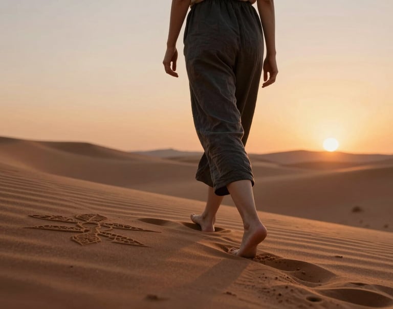 Cinematic lifestyle photography of a woman walking barefoot along the edge of a sand mural. She is wearing charcoal-colored linen, and her silhouette is bathed in the warm, terracotta glow of a desert sunset. The environment is serene and contemplative.