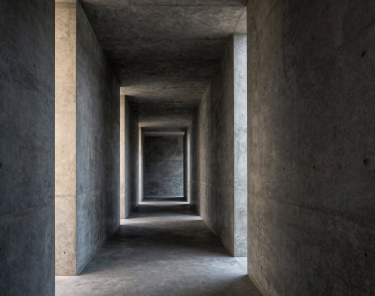 A minimalist architectural shot of a brutalist hallway. Charcoal-colored concrete surfaces with ivory light beams streaming from narrow windows. Cinematic perspective and professional composition. North American design style.
