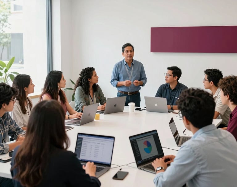 A documentary-style photograph of a collaborative, tech-focused digital safety workshop in a modern educational center in Mexico City. A group of diverse participants learn from a professional of Mexican / Latin American descent. High-key natural lighting, dominant white and light gray tones with elegant deep rose accents in the decor.