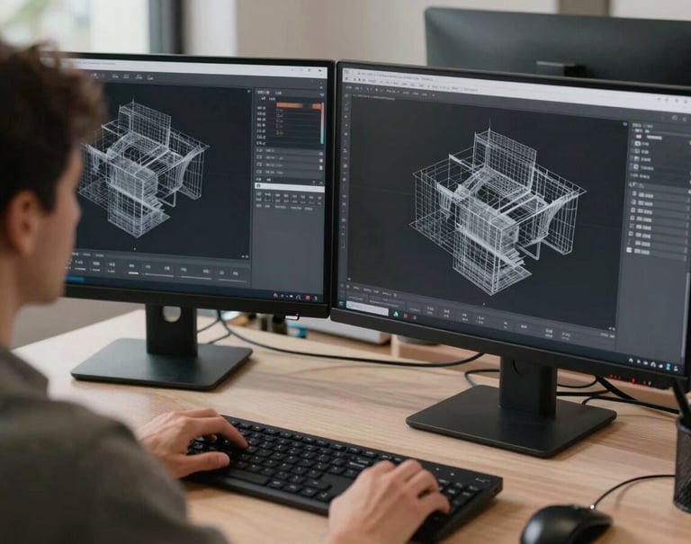 An over-the-shoulder view of a 3D designer working in a clean, professional North American / US office space, dual monitor setup showing complex 3D wireframes, dark charcoal and slate gray color palette.