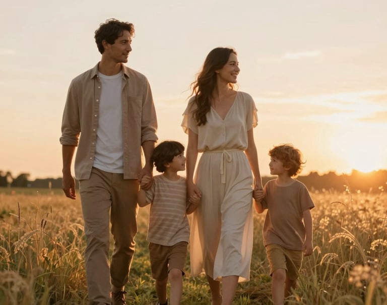 A premium family portrait featuring parents and two children walking through a field at sunset. The lighting is golden and warm. They are dressed in coordinated outfits using #6A5F60 and #B8ADAD. Artistic and sophisticated atmosphere.