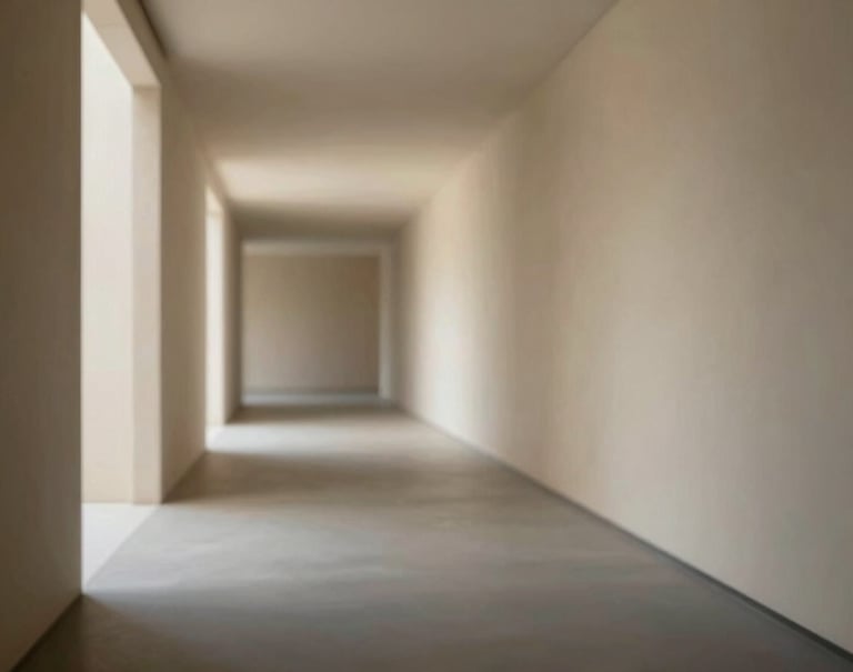 An ethereal shot of a minimalist corridor where light spills from an unseen courtyard, washing over charcoal-colored floors and sand-colored walls. Professional architectural photography.