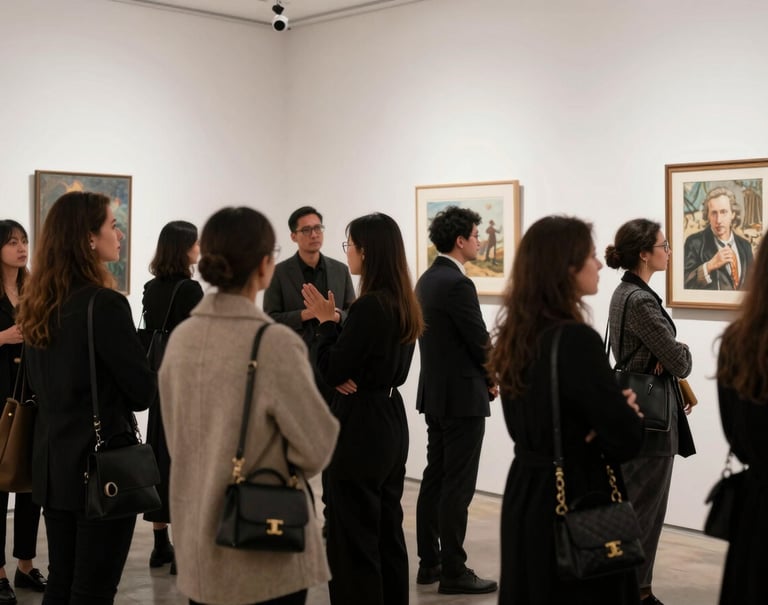 An elegant crowd of professionals and collectors in sophisticated attire attending a gallery opening in the International / Global Art Scene. The atmosphere is quiet and inspiring.