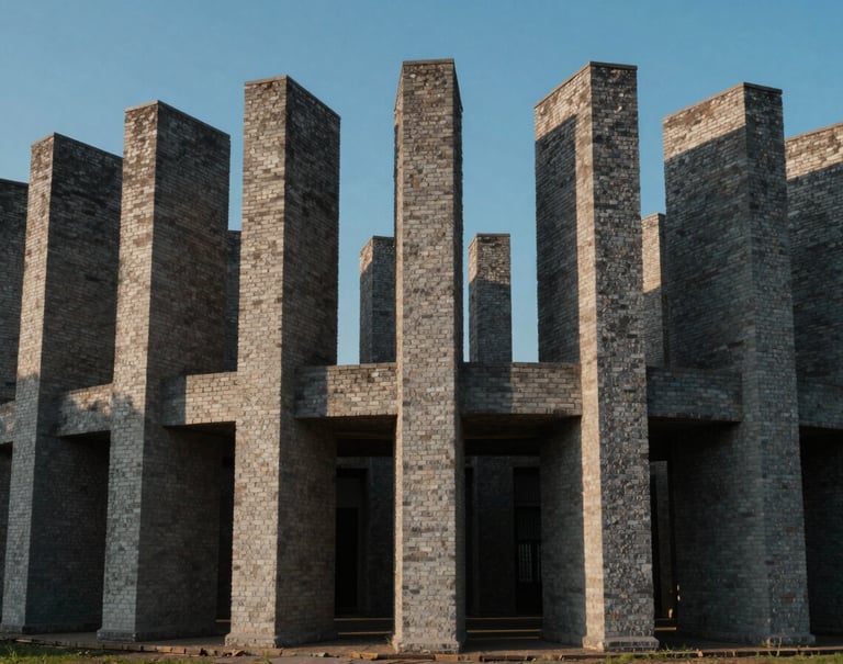 Vue en contre-plongée d'une structure architecturale éphémère construite pour un décor de film, lignes géométriques épurées, éclairage contrasté mettant en valeur les tons gris-bleu et l'or, cadre Western European / French.