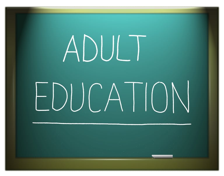 image of a chalkboard with Adult Education written on it