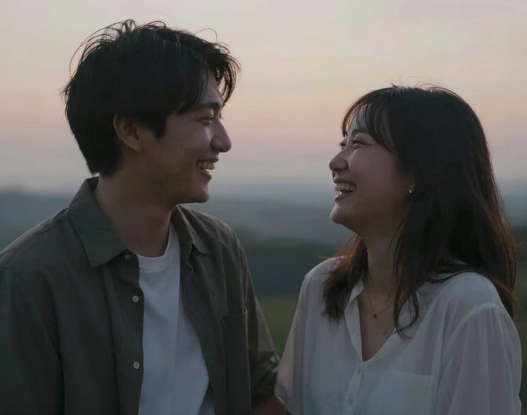 Candid moment of a couple sharing a quiet laugh in an outdoor setting at dusk. The mood is one of authentic storytelling, with a soft-focus background in #6E6D74 tones and warm highlights.