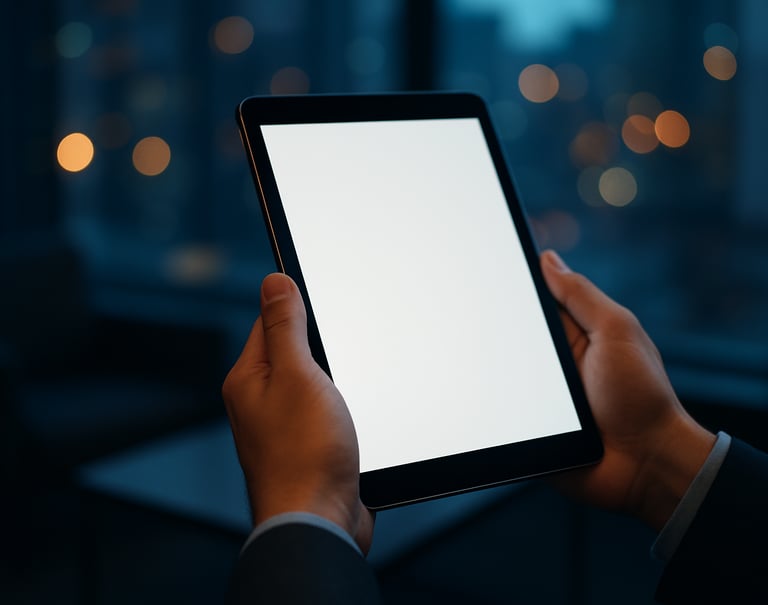 A detail shot of a modern tablet screen displaying the title page of an e-book. The tablet is held by hands in a professional setting in a Brazilian corporate lounge, with soft bokeh of city lights in the background, dominated by navy blue hues.