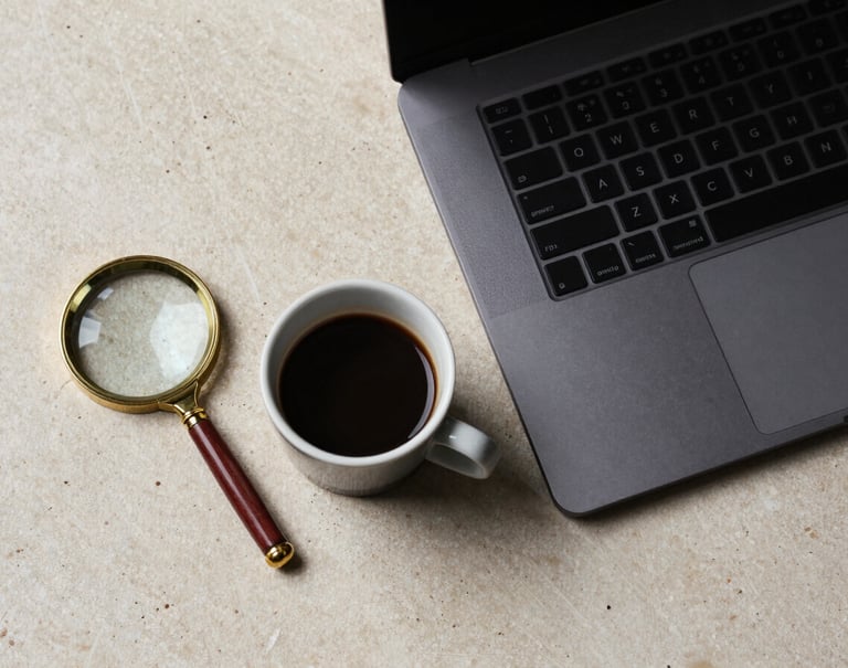 A top-down view of a minimalist workspace. A dark charcoal laptop sits next to a small ceramic cup of espresso and a single, antique gold-rimmed magnifying glass. The surface is a textured cream stone.