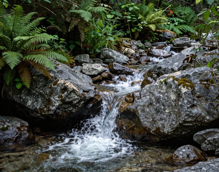 A crisp photograph of a clear mountain stream cascading over grey rocks in a lush North American forest, surrounded by dense medium green vegetation and ferns.
